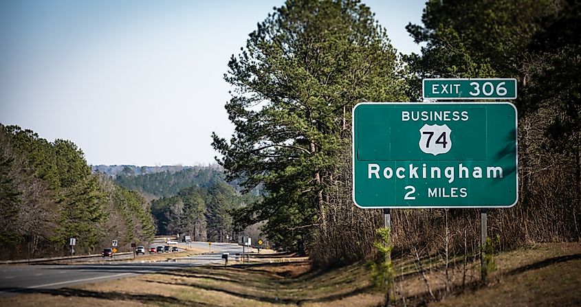 A sign leading to Rockingham in North Carolina.