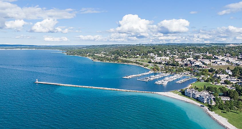 Aerial view of the marina in Petoskey, Michigan.