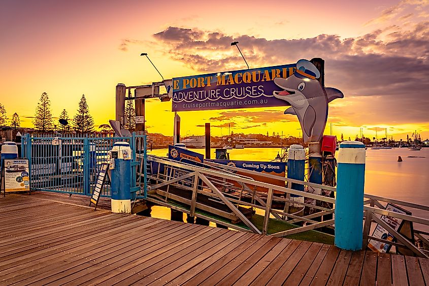 Port Macquarie, New South Wales, Australia: Entrance to dolphin cruise tours at sunset