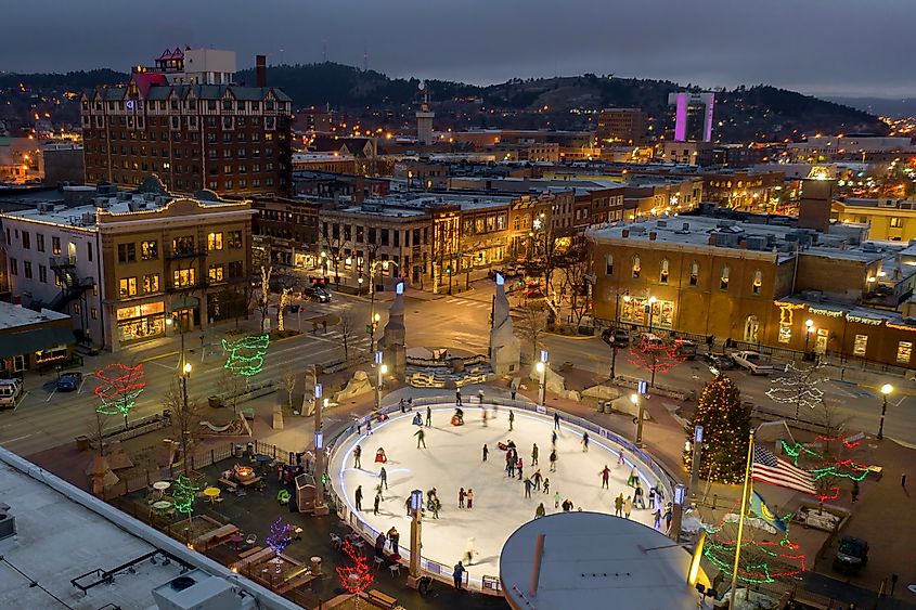 Aerial View of Christmas Lights in Rapid City, South Dakota, at Dusk.