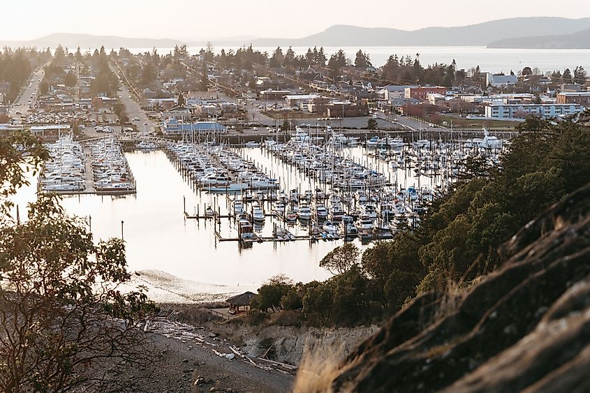 View of Anacortes from Cap Sante Park on Fidalgo Island at sunset, with the San Juan Islands in the background