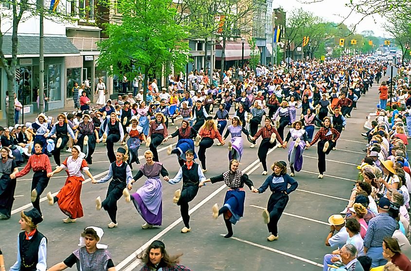 Dutch culture on full display at the Tulip Festival in Holland, Michigan Editorial credit: Dennis MacDonald / Shutterstock.com