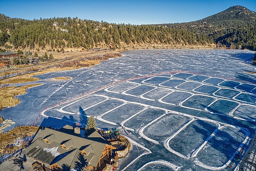 Aerial view of ice skating rinks in Evergreen, Colorado.