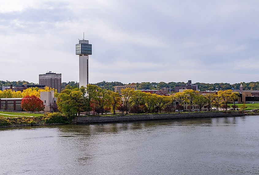 Panoramic view of downtown Moline, Illinois, as seen from the I-74 interstate bridge, with the Mississippi River in the foreground.