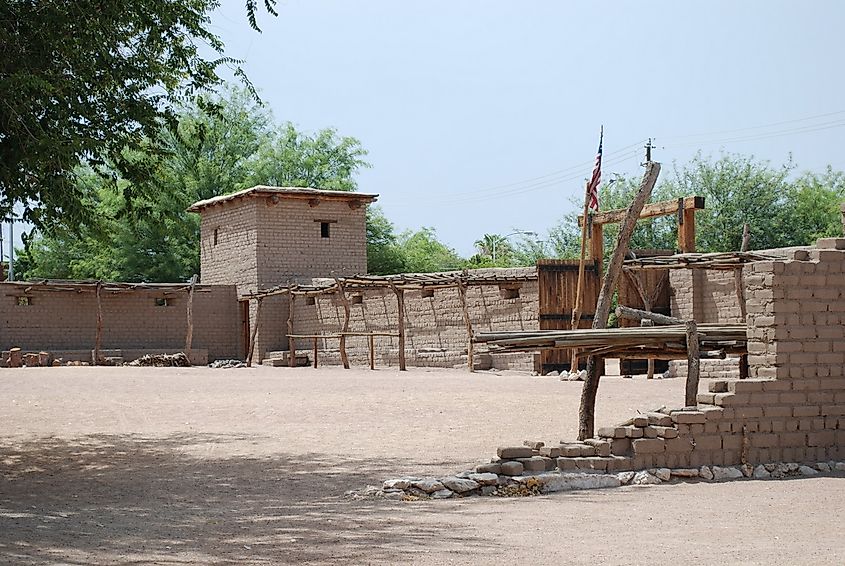 A portion of the Old Las Vegas Mormon Fort State Historic Park. The adobe tower and walls have been rebuilt on the original site to appear as they were in 1855.