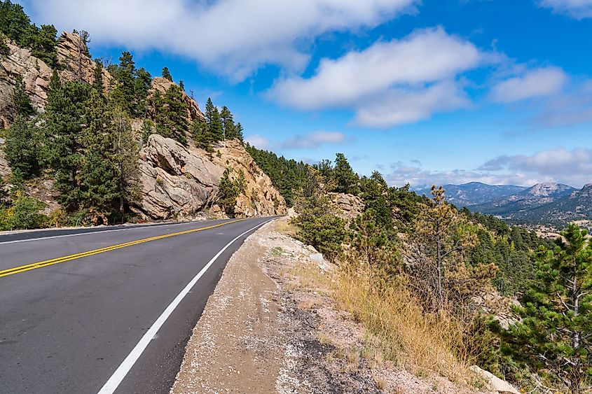 View of the Rocky Mountains from the Peak to Peak Scenic Byway near Estes Park in Colorado.