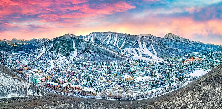 Aerial view of downtown skyline in Park City, Utah, USA.