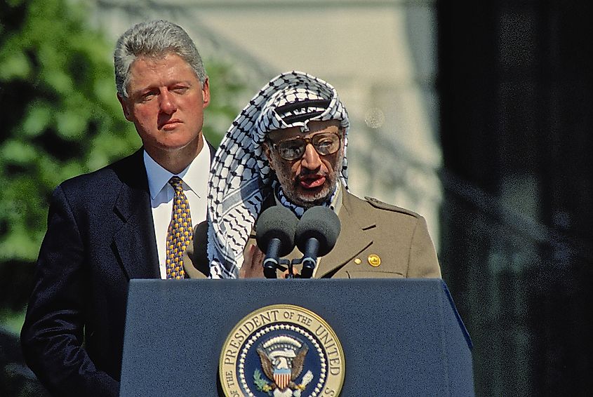 Chairman Yasser Arafat delivers remarks at the Palestinian Peace Accords ceremony at the White House.