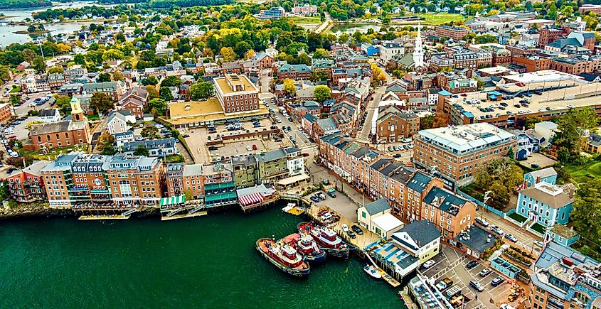 Aerial view of historic buildings in downtown Portsmouth, New Hampshire.