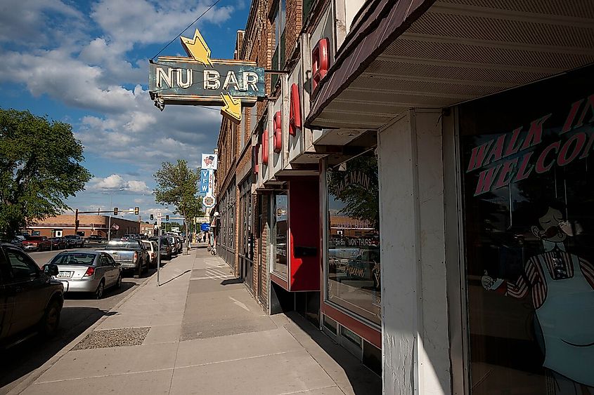 Downtown street and sign for "Nu Bar" in Valley City, North Dakota