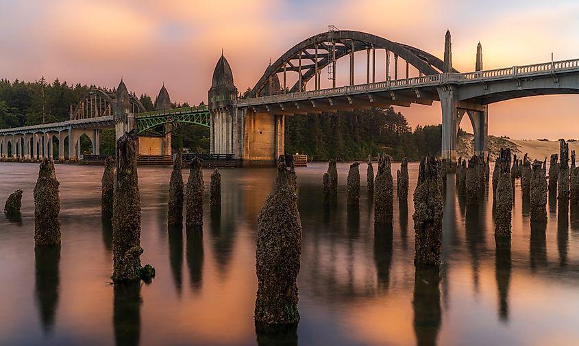 Long Exposure at sunset of the Siuslaw River Bridge in Florence, Oregon.