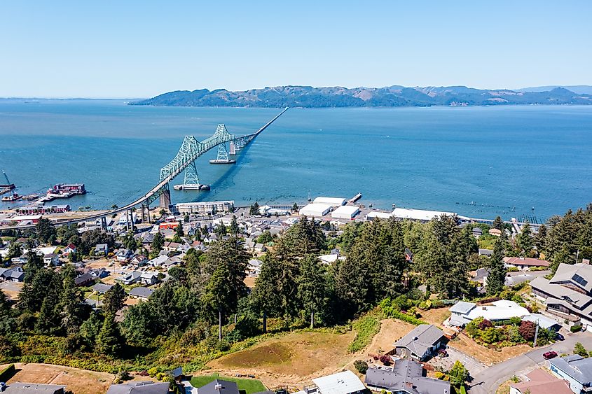 Aerial view of Astoria and Astoria-megler bridge. Editorial credit: Hrach Hovhannisyan / Shutterstock.com