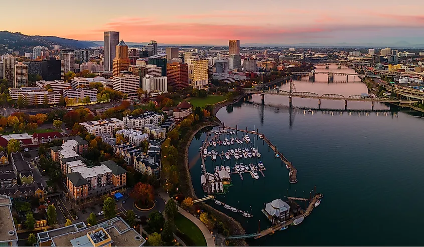 Downtown Portland, Oregon, at sunset.