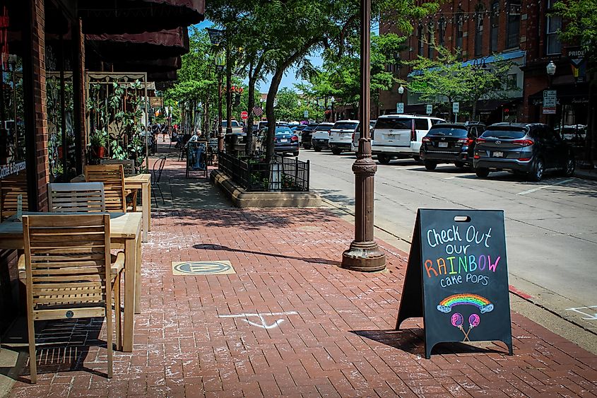 Wausau, Wisconsin: A view of a charming historic downtown area with a cafe