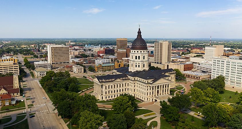 View of the Kansas State Capitol building and surrounding block in Topeka, Kansas.