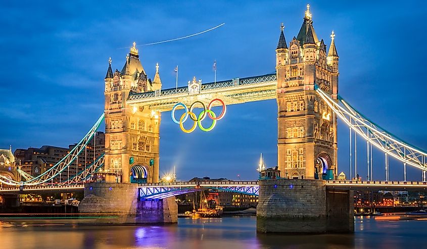 Tower Bridge with Olympic rings during London 2012 Olympic Games in London on August 6, 2012.