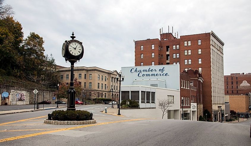 Downtown street of Bluefield, West Virginia in October.