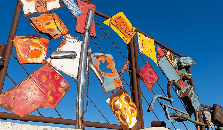 The Hippie Memorial by artist Bob Moomaw in downtown Arcola, Illinois.