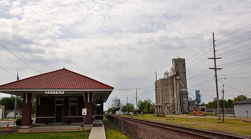 The old Dexter rail depot, now visitor center. Located at Dexter, Stoddard County, Missouri.