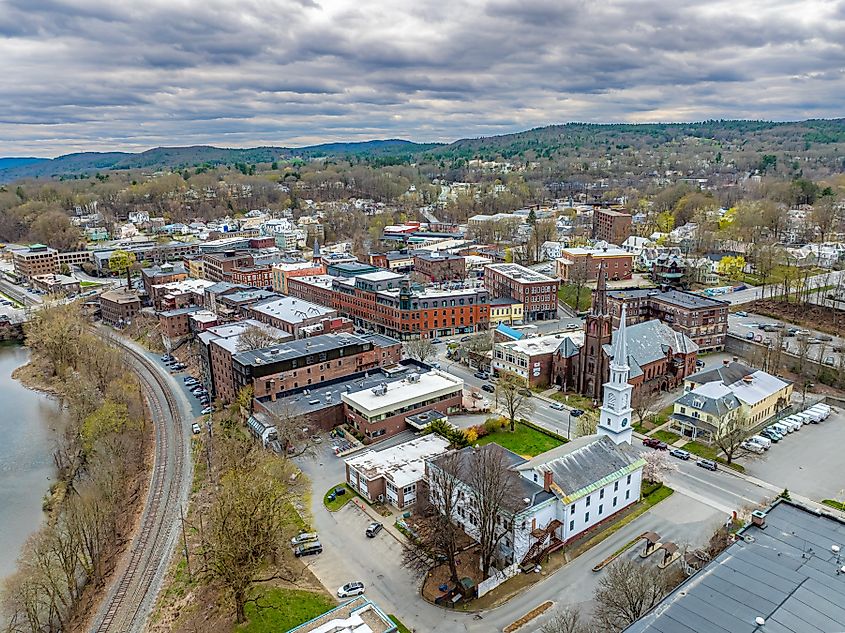 Brattleboro, Vermont, USA: Spring aerial photo of the town on a partly cloudy day.