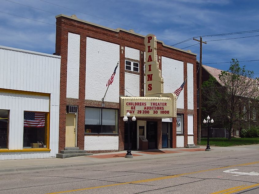 The 1914-built Plains Theatre in Rushville, Nebraska.