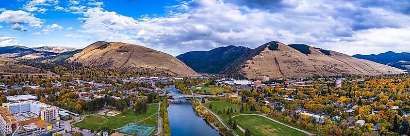 This is an aerial panoramic next the Higgins Street Bridge in Missoula, Montana.