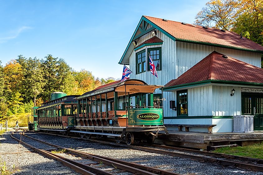 The Rotary Village Station and Portage Flyer Train, part of the Muskoka Heritage Place in Huntsville. Editorial credit: Gilberto Mesquita / Shutterstock.com