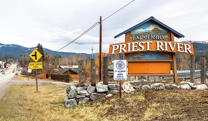 The welcome to Priest River sign along highway, Idaho.