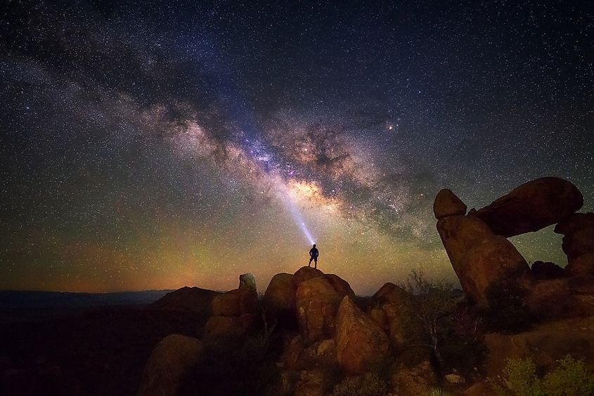 Milky way at Balanced Rock, Big Bend National park, Texas USA. Constellation and galaxy.