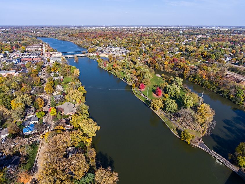 Aerial view of Island Park in Geneva, Illinois.
