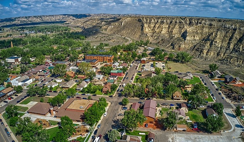 Aerial View of the Tourist Town of Medora, North Dakota outside of Theodore Roosevelt National Park