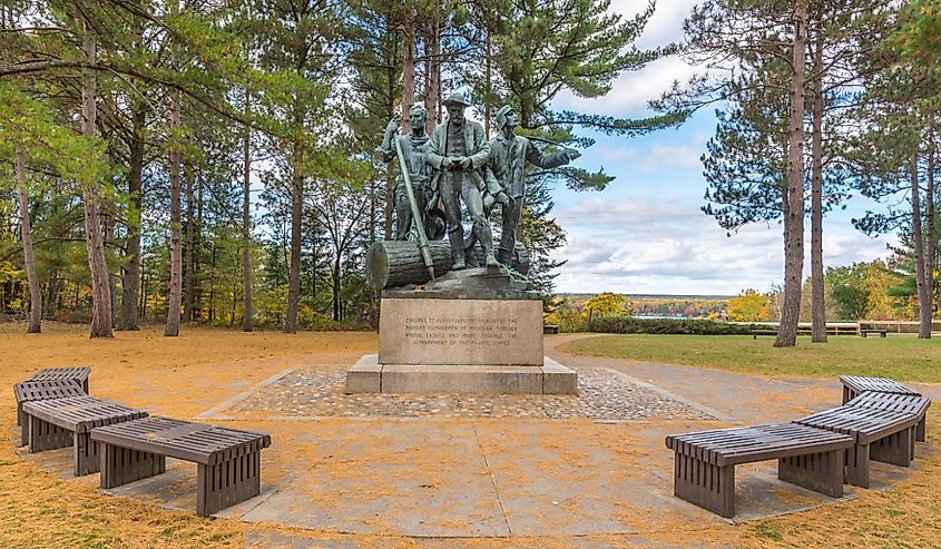 Pine needles decorate Lumberman's Monument on the Highbanks Trail, Oscada, Michigan.