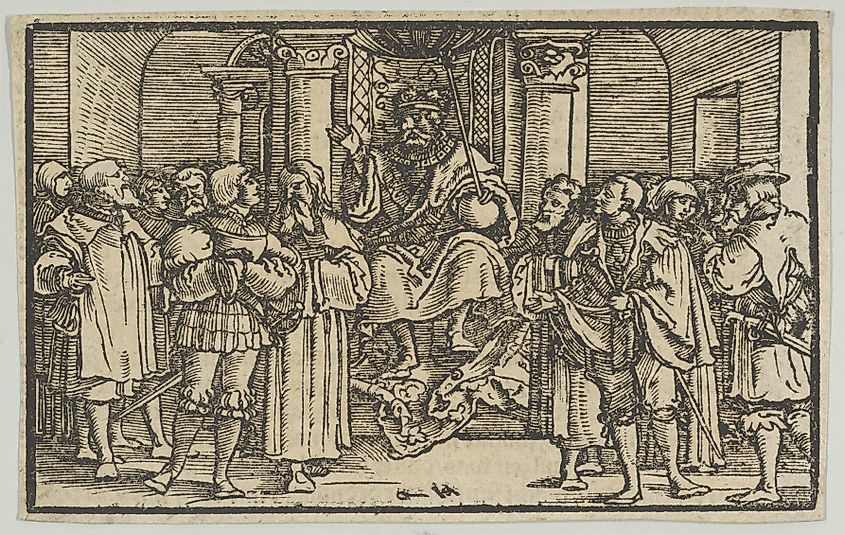 Representatives of Athens and Corinth at the court of Archidamus, king of Sparta.