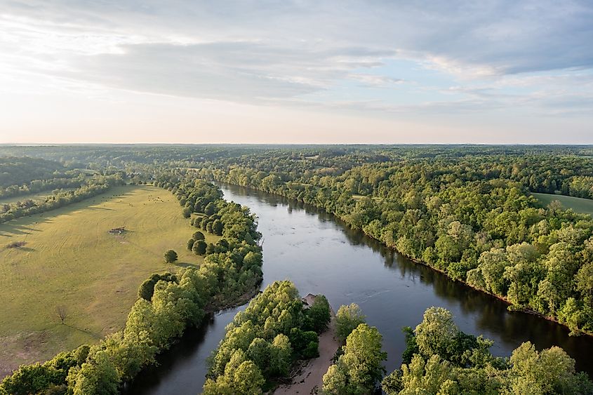 Aerial view of the James River near Scottsville, Virginia.