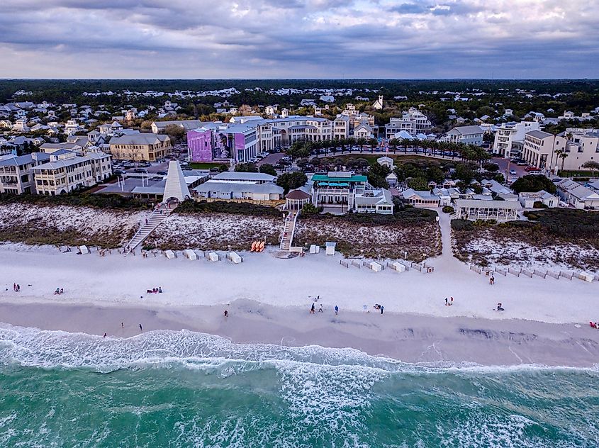 Aerial view of picturesque Seaside, Florida from the Gulf of Mexico in late afternoon.
