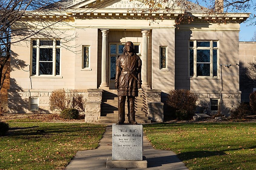 Wild Bill statue by artist William Piller at the Carnegie Library in downtown Mendota, Illinois