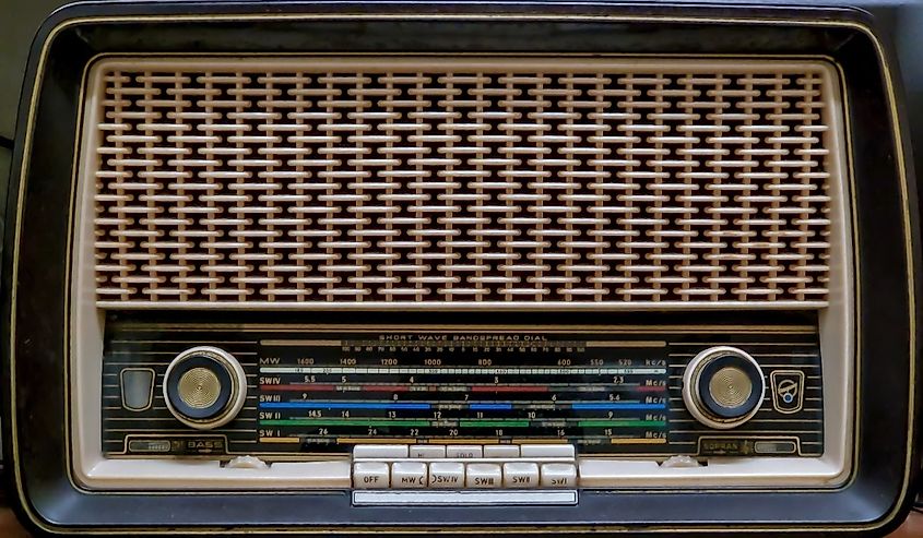 Vintage radio receiver, antique wooden box radio, retro technology. Horizontal indoors shot. Old radio.
