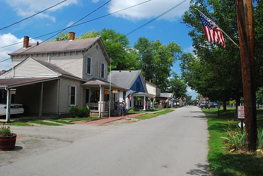 Scenic and historic Metamora, Indiana, featuring a charming small-town atmosphere with well-preserved 19th-century buildings, a working canal, and quaint shops that reflect its rich heritage and connection to the Whitewater Canal.