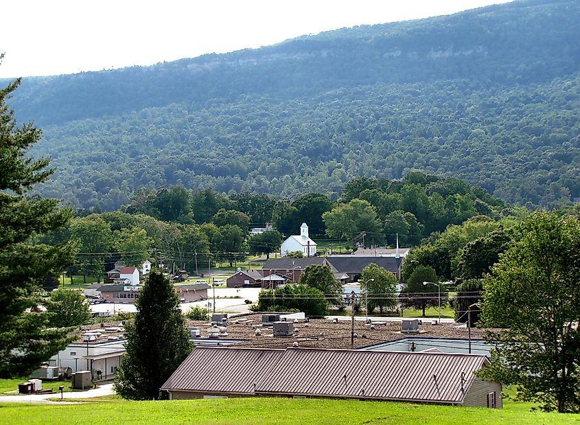 View of Whitwell, Tennessee, United States, with the Cumberland Plateau rising in the background.