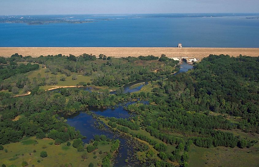 Aerial view of Lewisville Lake and Dam on the Elm Fork of the Trinity River in Denton County, Texas
