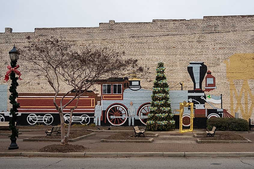 Mural adorns an old brick wall in downtown Clover, South Carolina