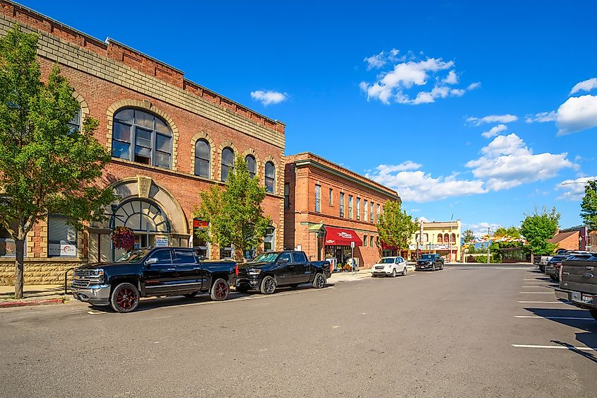 Historic buildings along a street in Sandpoint, Idaho.