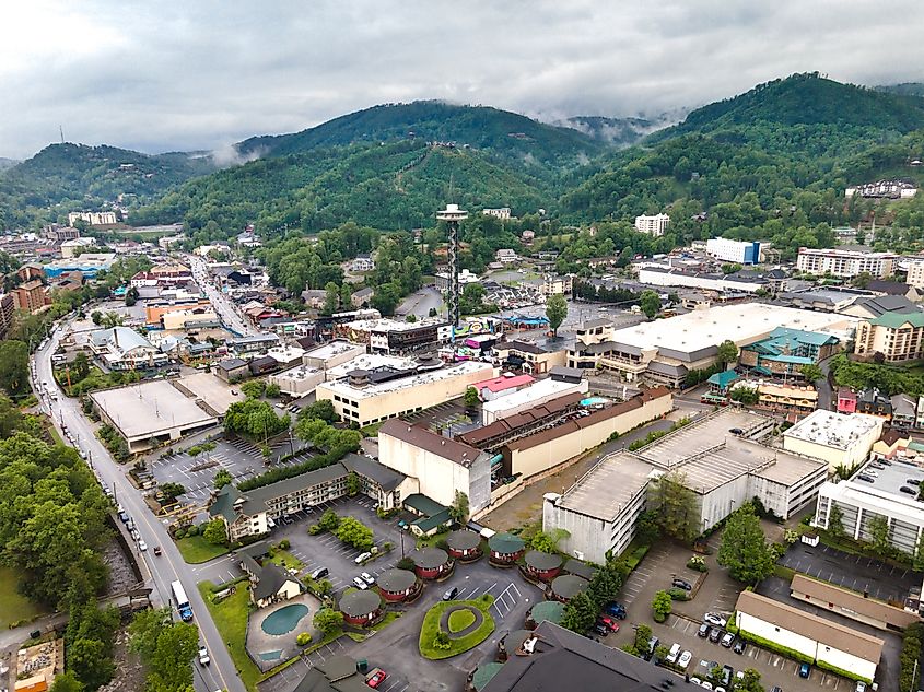 City of Gatlinburg in Tennessee and the Great Smoky Mountains from a bird's eye view.