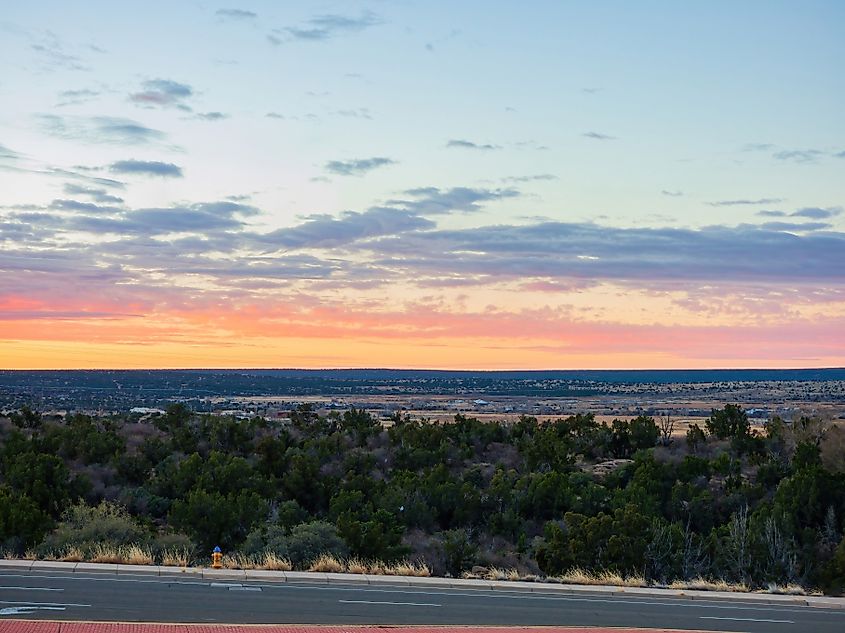 A sunset cityscape of Santa Rosa, New Mexico.