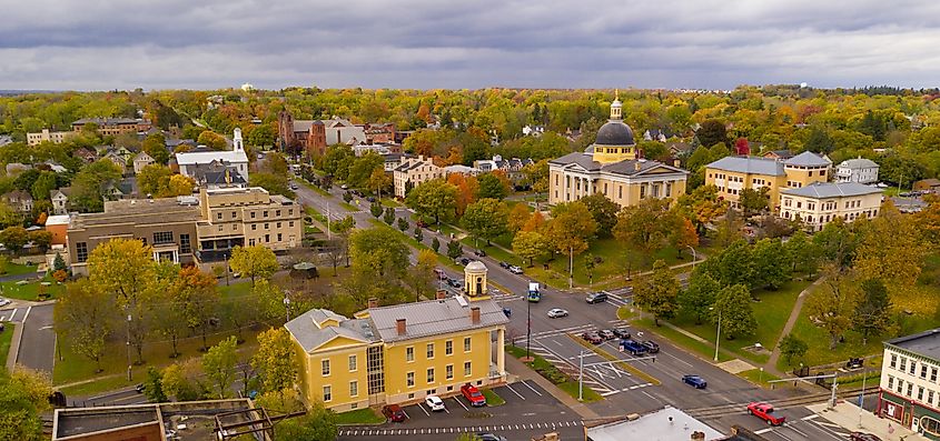 The Ontario County Courthouse stands out on Rochester in downtown Canandaigua, New York.