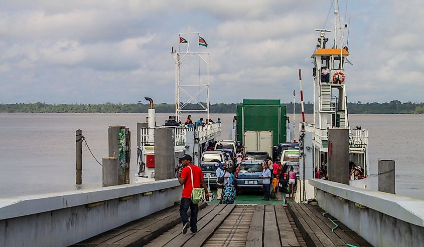 Ferry crossing Corantijn (Corentyne) river between South Drain in Suriname and Corriverton in Guyana.