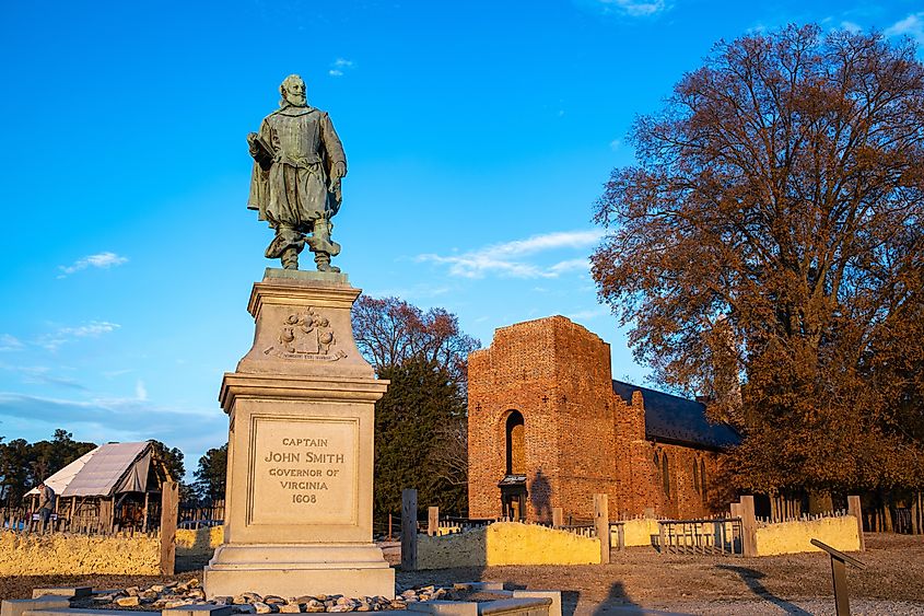 A statue for Captain John Smith, Governor of Virginia, in Jamestown, Virginia.