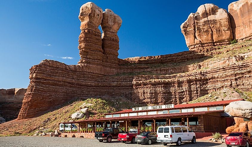 Views of the stone formation called Twin Rocks and the Twin Rocks Cafe in Bluff, Utah.