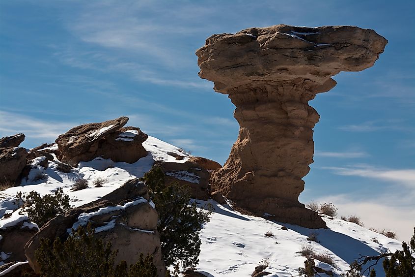 Camel Rock, snow covered, winter, Tesuque Pueblo, New Mexico, USA.