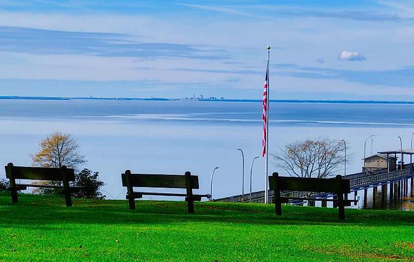 View of the Mobile Bay from a park in Fairhope, Alabama.